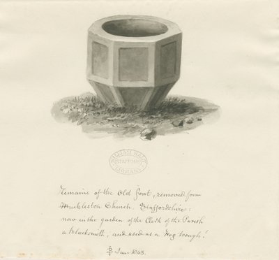 マックレストン教会の古いフォント：セピア色の水彩画、1843年6月（図面 作： John Buckler