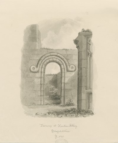 Ranton Abbey [Priory] - 扉口の跡：セピア色の図面 作： John Buckler