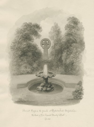 Rolleston Hall-古代の十字架：セピア色のデッサン、1848年 作： John Buckler