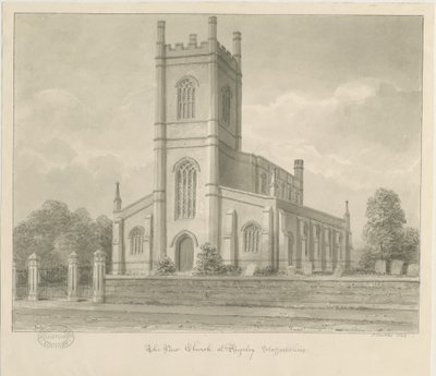 Rugeley Church（新）：セピア色のウォッシュドローイング 作： John Buckler