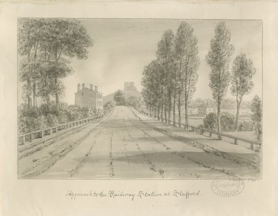 Stafford - 鉄道駅へのアプローチ：セピア色の図面 作： John Buckler
