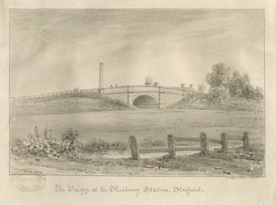 スタッフォード-鉄道駅の橋：セピア色の描画、1841年 作： John Buckler