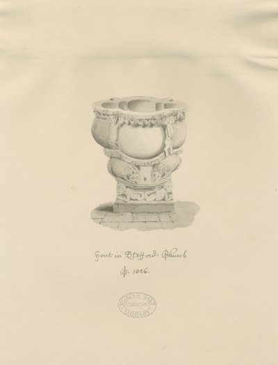 スタッフォード-聖マリア教会のフォント：セピア色の描画、1826年 作： John Buckler