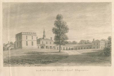 ティクソールホール-厩舎：セピア色の描画、1841年 作： John Buckler