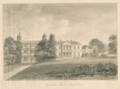 Tixall Hall and Gatehouse：セピアウォッシュドローイング、1842 作： John Buckler