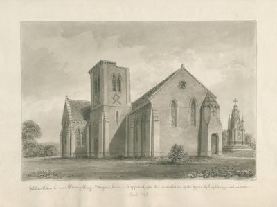 Walton-on-the-Hill Church：セピア色のウォッシュドローイング、1844年 作： John Buckler