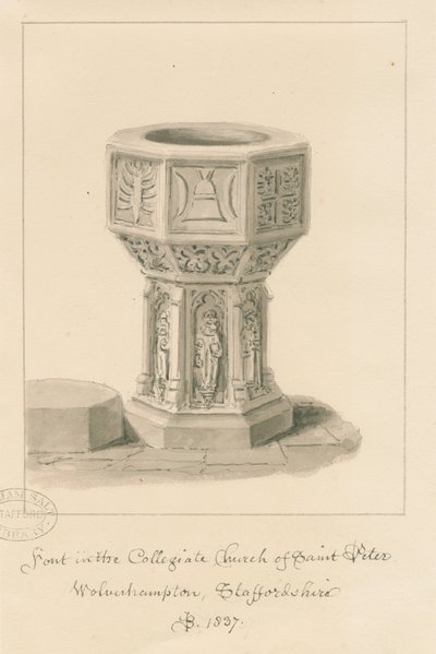 ウォルヴァーハンプトン-聖ペテロ教会のフォント：セピア画、1837年 作： John Buckler