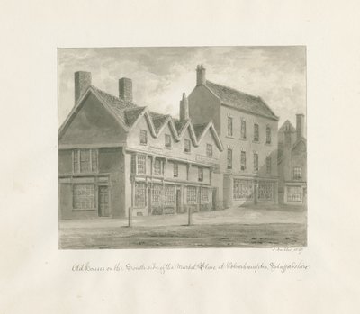 ウォルヴァーハンプトン-マーケットプレイスの南側にある古い家屋：セピア色の絵、1847年 作： John Buckler