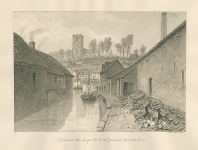 ウスターシャー-ドロイトウィッチ-ドダーヒル教会遠景：セピア色のデッサン、1833年 作： John Buckler