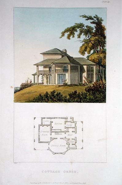 1818年に出版されたアッカーマンの「芸術のリポジトリ」に掲載された「コテージ・オーネ」（カラーリトグラフ） 作： John Buonarotti Papworth