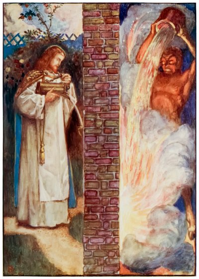 巡礼者のキリストと悪魔は、この世界から、ジョン・バニヤン（1628-1688）によってもたらされるものへと進んでいきます。壁に火を放つビャム・ショー（1872-1919）によるイラスト。悪魔の試み 作： John Byam Liston Shaw