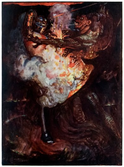 クリスチャンは巡礼者のApollyonとの戦いこの世からの進歩、これからやってくるものへJohn Bunyan（1628-1688）Byam Shaw（1872-1919）によるイラストクリスチャンの戦いApollyonを示す 作： John Byam Liston Shaw