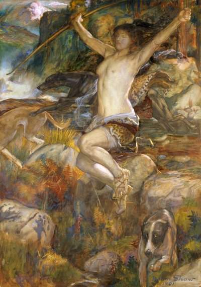 狩りのダイアナ、1901（紙にトイレ） 作： John Byam Liston Shaw