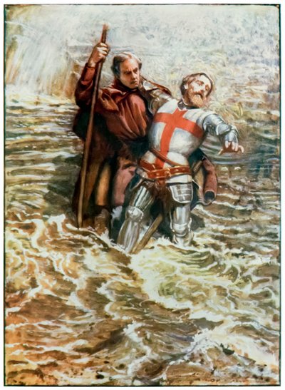 クリスチャンが巡礼者がこの世界から進歩し、ジョン・バニヤン（1628-1688）によってもたらされるものへと川を渡るのを助けてくれる希望があります。 作： John Byam Liston Shaw