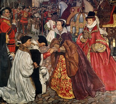 クイーンメアリー（1516-58）とプリンセスエリザベス（1533-1603）が1553、1910年にロンドンに入る 作： John Byam Liston Shaw