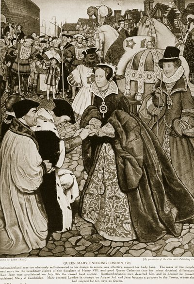 1553年にロンドンに入るメアリー女王、「ハッチンソンのイギリス国民の物語」、1923年頃のイラスト 作： John Byam Liston Shaw