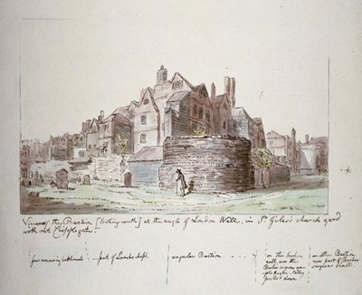 ロンドンの壁の角にあるバスティオン、Cripplegate チャーチヤードのないセント ジャイルズ、ロンドン市、1779 年 作： John Carter