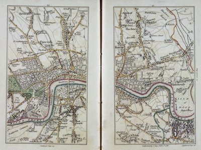 イーストロンドンの地図、プレート20〜21、 &39;Cary&39;s Actual Survey of Middlesex&39;、1786（hand-colored engraving） 作： John Cary