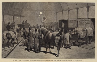 女王陛下のスタハウンドとの一日の後、パディントンでの特別な狩猟列車の到着 作： John Charles Dollman