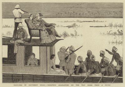南インドでスケッチ、ピクニックから帰る途中のワニを撮影 作： John Charles Dollman