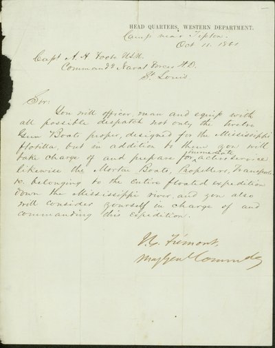 1861年10月11日、St.LouisのH.D.海軍部隊を指揮する米国海軍大尉A.H.Footに宛てた西部方面軍司令部少将J.C.Fremontの署名入り書簡 作： John Charles Frémont