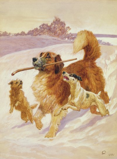 雪の中で遊ぶ3匹の犬、1881年 作： John Charlton
