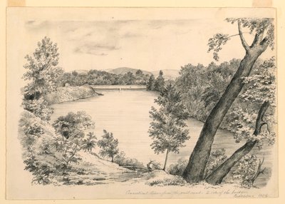 図面、バーモント州ブラトルボロ近郊、コネティカット川の眺め、1854年 作： ジョン・チェイニー