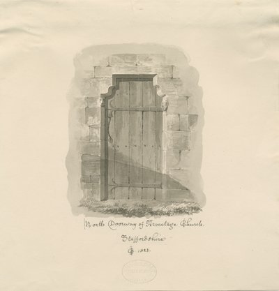 アーミテージ教会-ノースドアウェイ：セピア画、1823 作： John Chessell Buckler