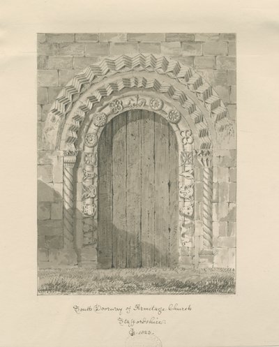 アーミテージ教会-南の出入り口：セピア色の描画、1823年 作： John Chessell Buckler