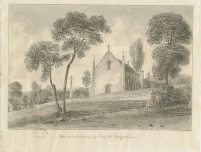 クレスウェル-ドレイコットインザムーアカトリックチャペル：セピア色の描画、1841年 作： John Chessell Buckler