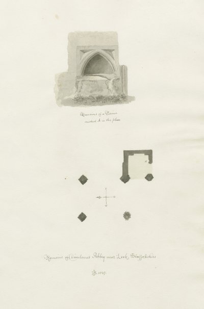 Dieulacres Abbey：セピア色のドローイング 作： John Chessell Buckler