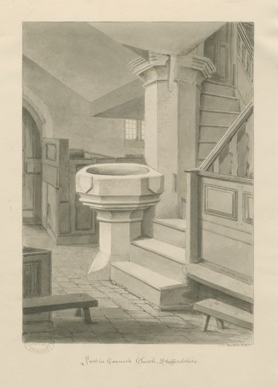カノック教会のフォント：セピア画、1841 作： John Chessell Buckler