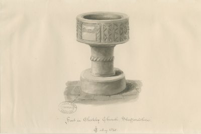 チェックリー教会のフォント：セピア画、1841年 作： John Chessell Buckler