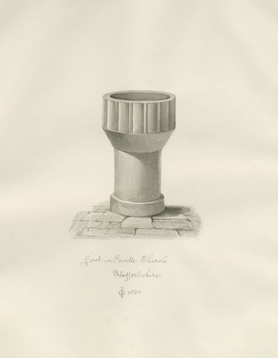 エンビル教会のフォント：セピア色の描画 作： John Chessell Buckler