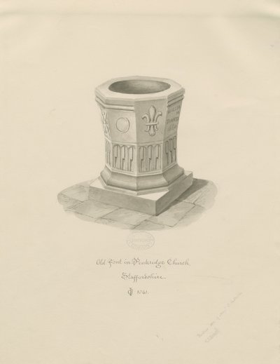 ペンクリッジ教会のフォント：セピア色の描画、1841年 作： John Chessell Buckler