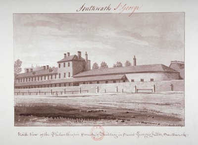 1827 年、ロンドン、サザーク、ロンドン ロードにある博愛協会機関の北側の眺め 作： John Chessell Buckler