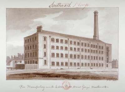 1827年、ロンドン、サザーク、ロンドンロード近くのピン工場 作： John Chessell Buckler