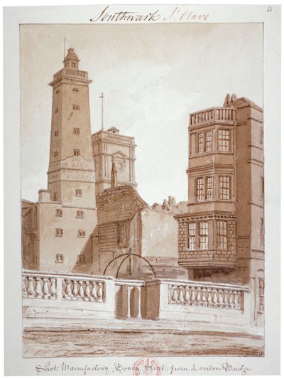 「Shot Manufactory, Tooley Street, from London Bridge」、バーモンジー、ロンドン、1828 作： John Chessell Buckler