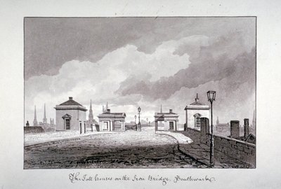 1827 年、ロンドン、サザーク橋の料金所。 作： John Chessell Buckler
