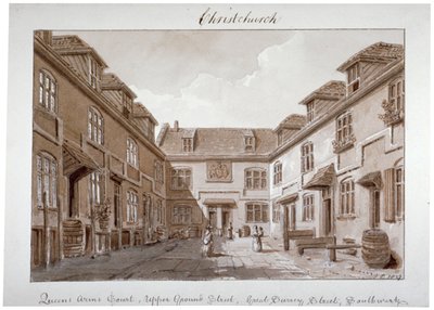 クイーンズ コートの眺め、アッパー グラウンド ストリート、サザーク、ロンドン、1827 年。 作： John Chessell Buckler