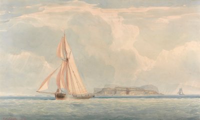 島を背景に左にセーリングするボート 作： John Christian Schetky