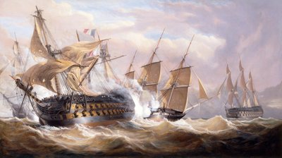 1800 年 3 月 30 日の封鎖中にマルタの H.M.S. ペネロペと H.M.S ロインに交戦中のギョーム テル (キャンバスに油彩) 作： John Christian Schetky