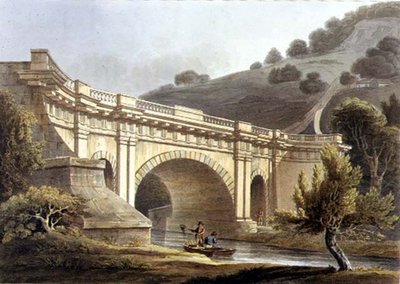 ジョン・ヒル（1770-1850）が彫刻し、ウィリアム・ミラーが出版した「Bath Illustrated by a Series of Views」から、クラバートンの水道橋。 作： John Claude (after) Nattes
