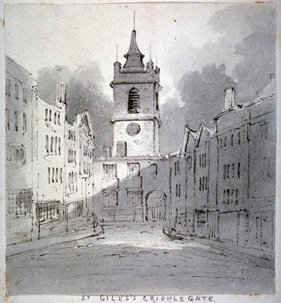 1790 年にロンドン市のフォア ストリートからクリプルゲートのないセント ジャイルズ教会。 作： John Claude Nattes