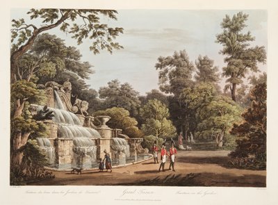 グランドトリアノン、庭の噴水、ベルサイユ、パリ、サンドニのイラスト、パブ。 1805（アクアチント） 作： John Claude Nattes