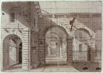 ニューゲート刑務所の中庭（紙の上にインクとウォッシュ） 作： John Claude Nattes