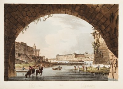 ルーブル;ミント; 4カ国の大学。再会の橋、ベルサイユ、パリ、サンドニのイラスト、パブ。 1805（アクアチント） 作： John Claude Nattes