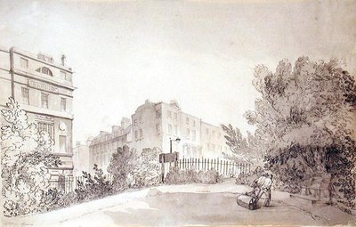 フィッツロイ・スクエアの眺めと庭のローラーを引く二人の人物」1808年頃（紙に水墨画） 作： John Claude Nattes