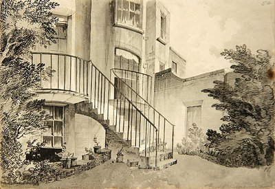 ベイズウォーターにあるウィルソン氏の家の眺め、1808年頃（紙にペン、インク、ウォッシュ） 作： John Claude Nattes
