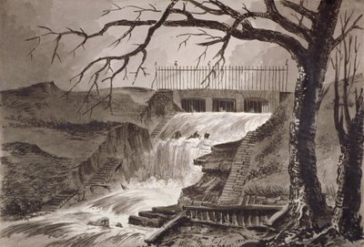 1818年、ロンドンのハイド・パークにあるサーペンタイン川の出口の眺め。                                    作： John Claude Nattes